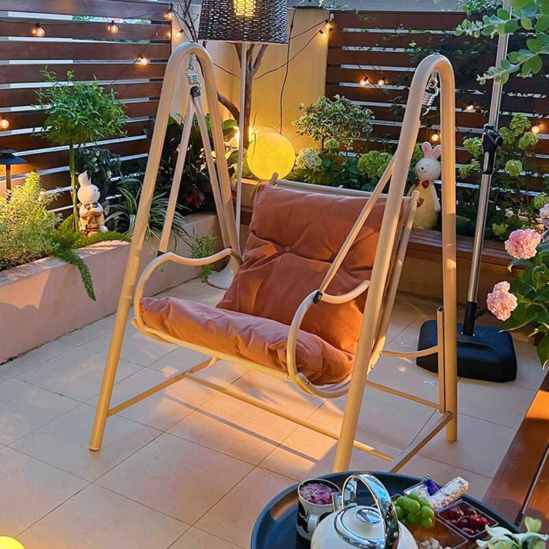Beige Aluminum Porch Swing with Stand for 2, Upholstered Cushions Included