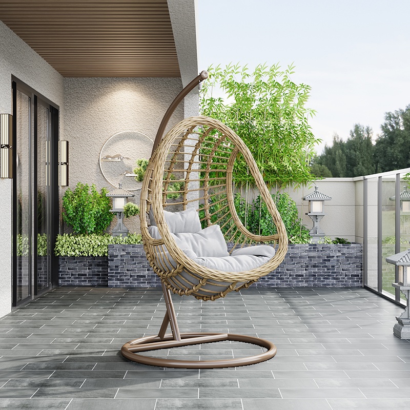Pecan Finish Porch Swing with Stand for 2, Aluminum Frame, Upholstered Cushions, Chain and Stand Included