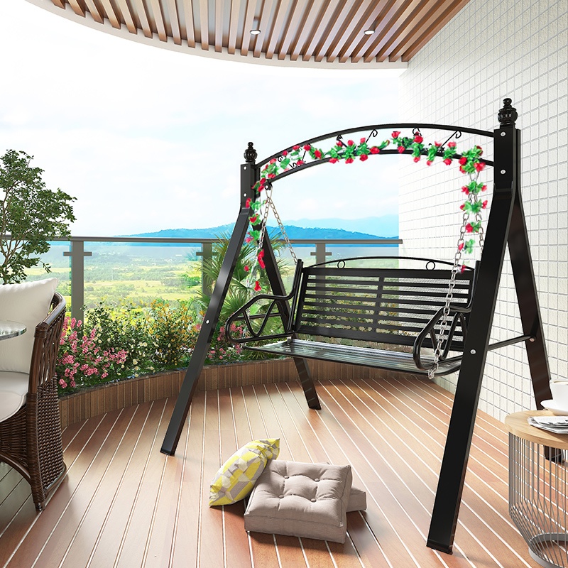 Porch Swing with Stand for 2, Aluminum Frame, Upholstered Cushions, Chain, Canopy, and Stand