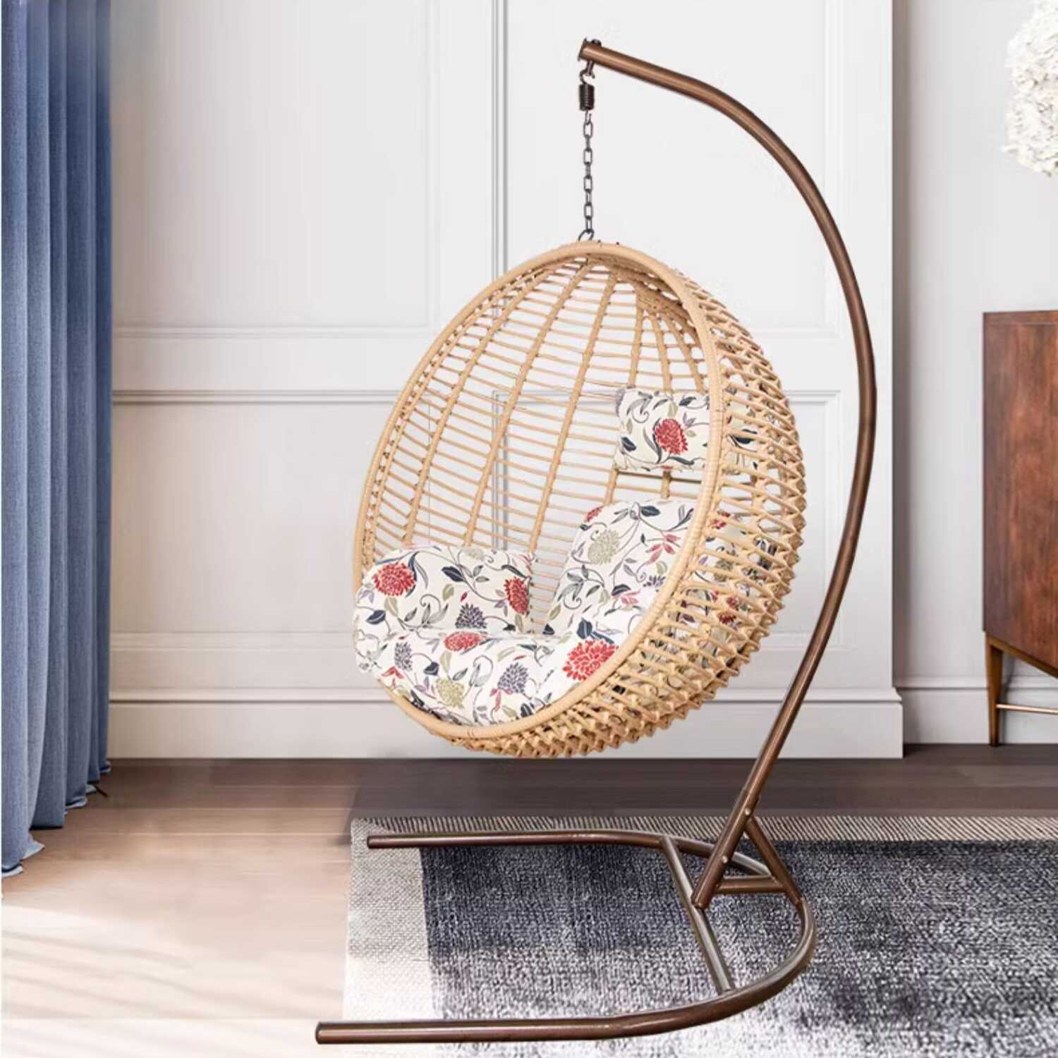 Pecan Finish Porch Swing with Stand, Aluminum Frame, Upholstered Cushions, Chain and Stand Included