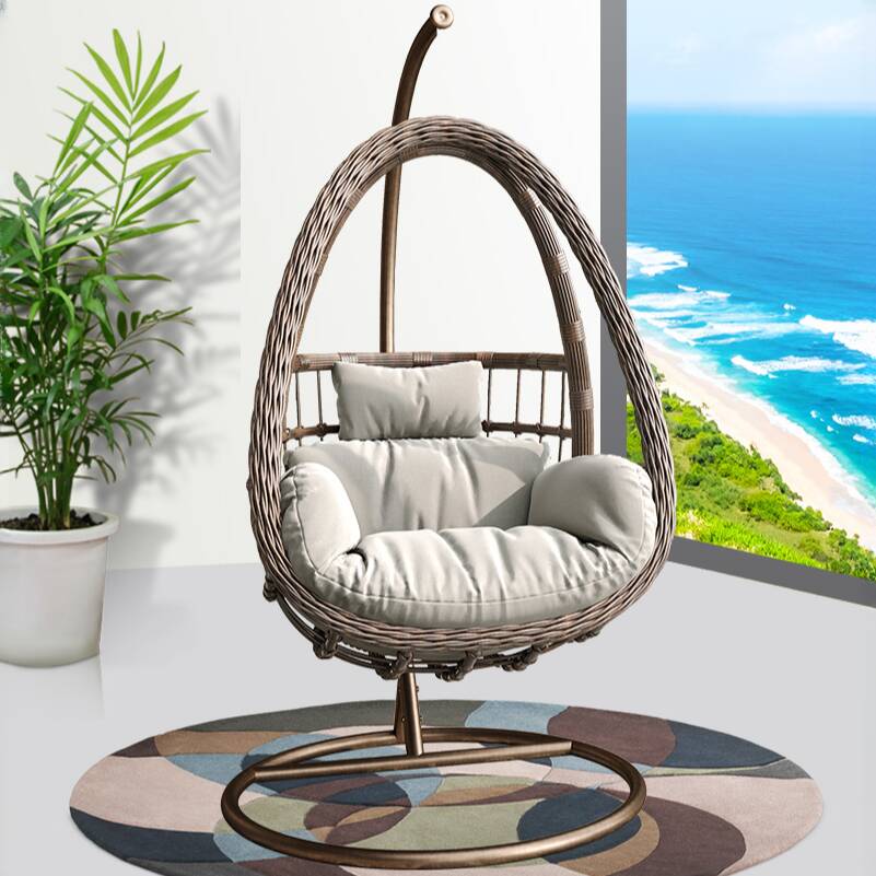 Pecan Alloy Porch Swing with Stand for 2, Featuring Upholstered Cushions, Chain, and Stand
