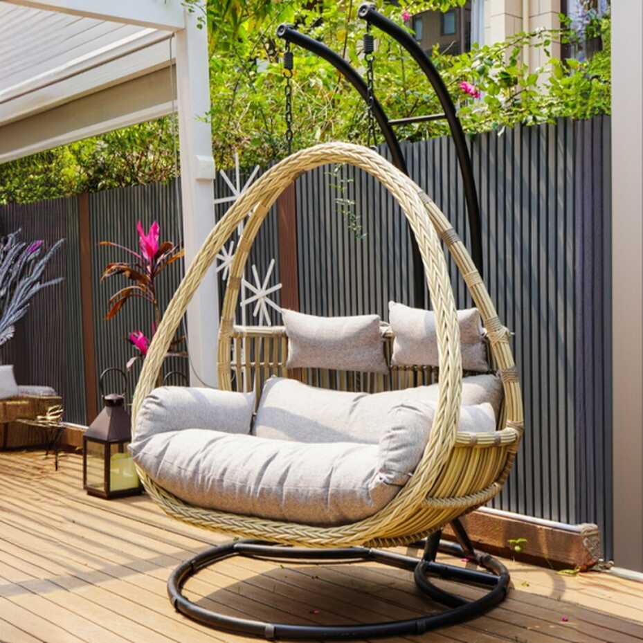 Tropical Porch Swing with Stand for 2, Aluminum Frame, Upholstered Cushions, Chain, and Stand