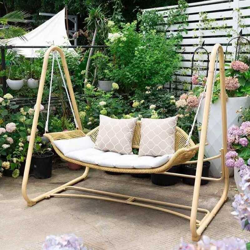 Wood Grain Aluminum Porch Swing with Stand for 2, Upholstered Cushions Included