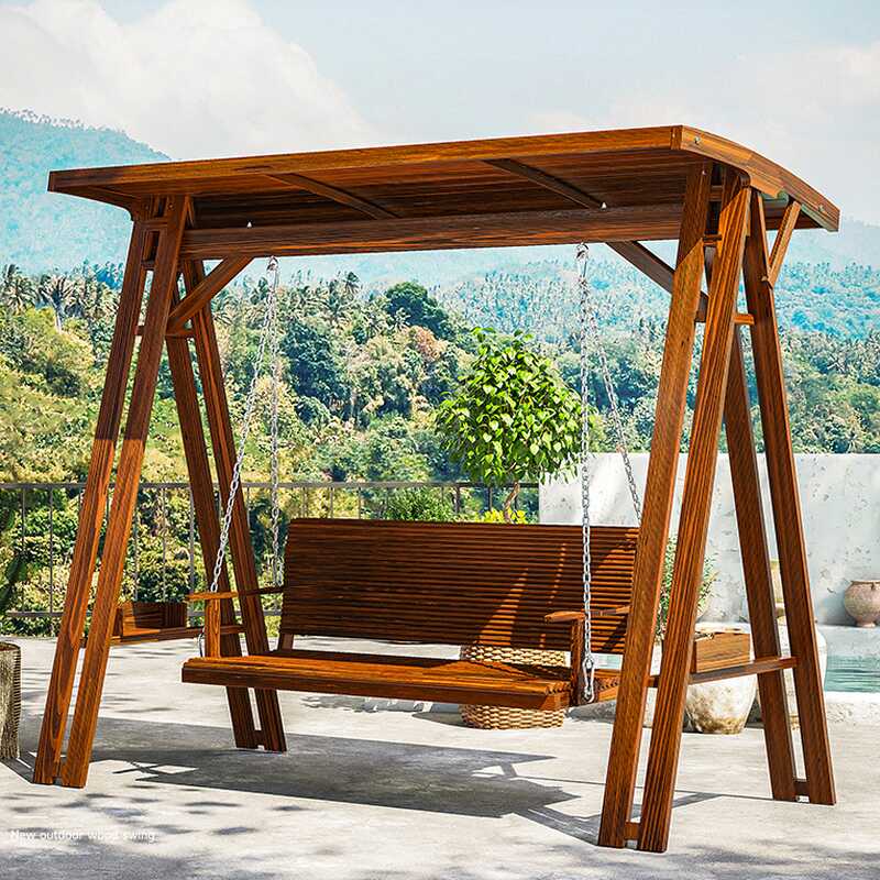Azure/Light Brown Wooden Porch Swing with Stand for 3, Complete with Chain, Canopy, and Stand