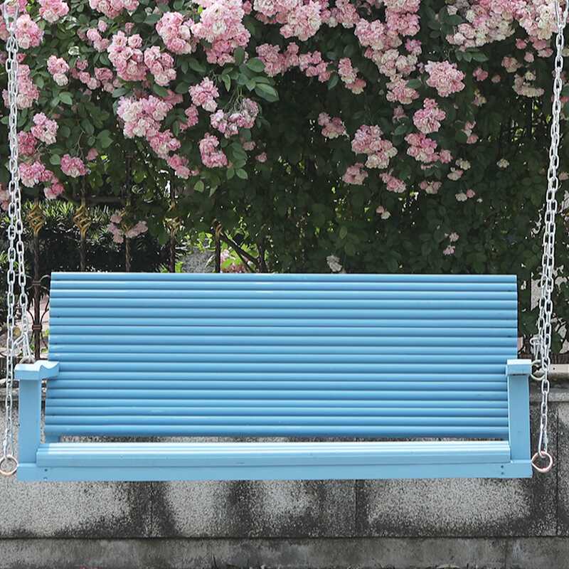 Light Blue/Light Brown Water-resistant Natural Wood Hanging Porch Swing for 2 with Chain