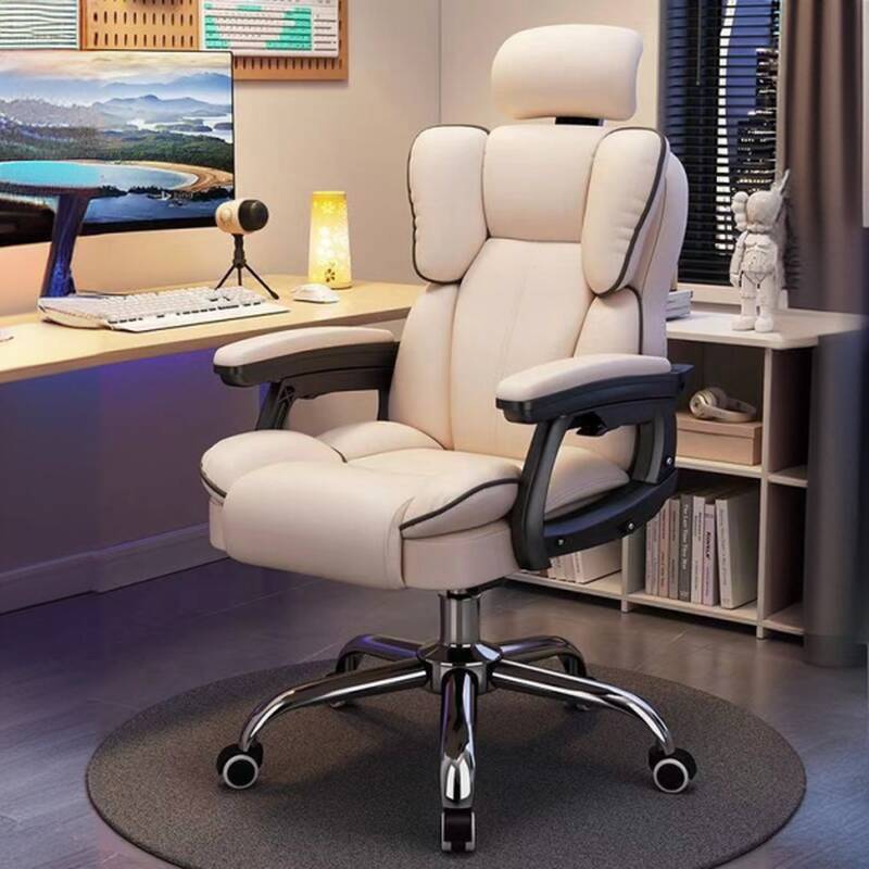 Grey/Magenta/Butter Colour Calfskin Study Chair with Leg Rest, Swivel Wheels & Headrest, Adjustable Back Angle & Tilt Available