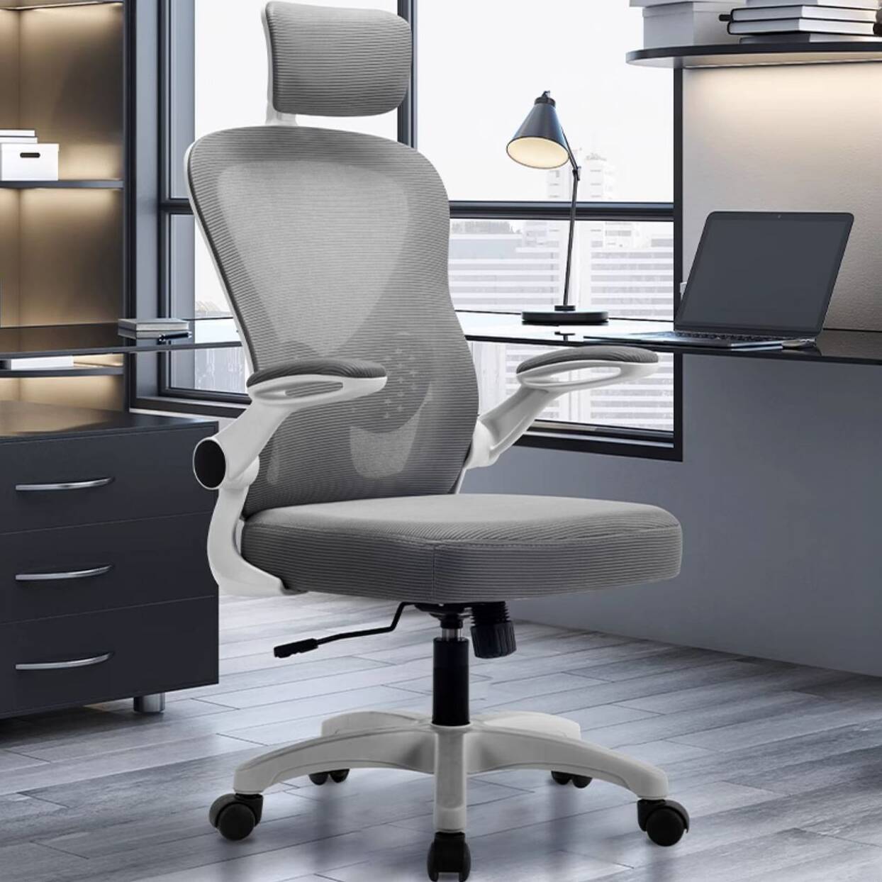 Office Furniture with Midnight Black/Gray Mesh, Caster Wheels, Lumbar Support, Tilt Available, Flip-Up Armrest, and Headrest