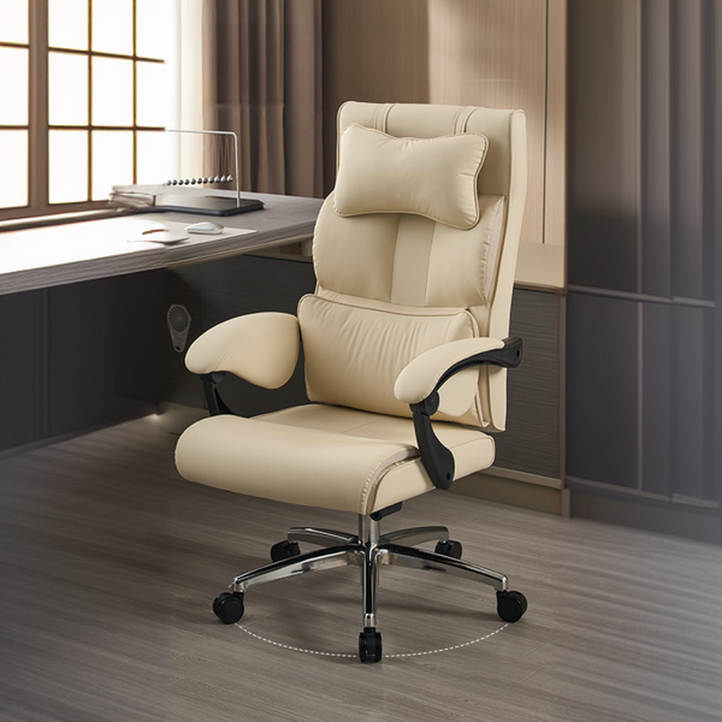 Executive Office Chair with Upholstered Midnight Black/Dark Gray/Caramel Finish, Caster Wheels, Foot Support, Pillow, Adjustable Back Angle, and Headrest