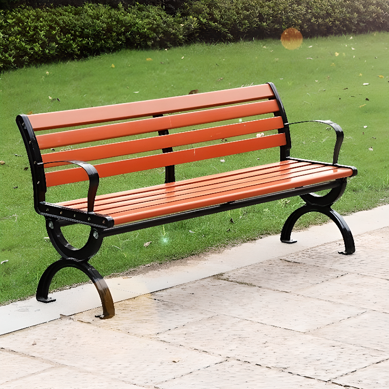 Simple Outdoor Bench with Alloy/Engineered Wood in Tan, Featuring Back and Curved Arm
