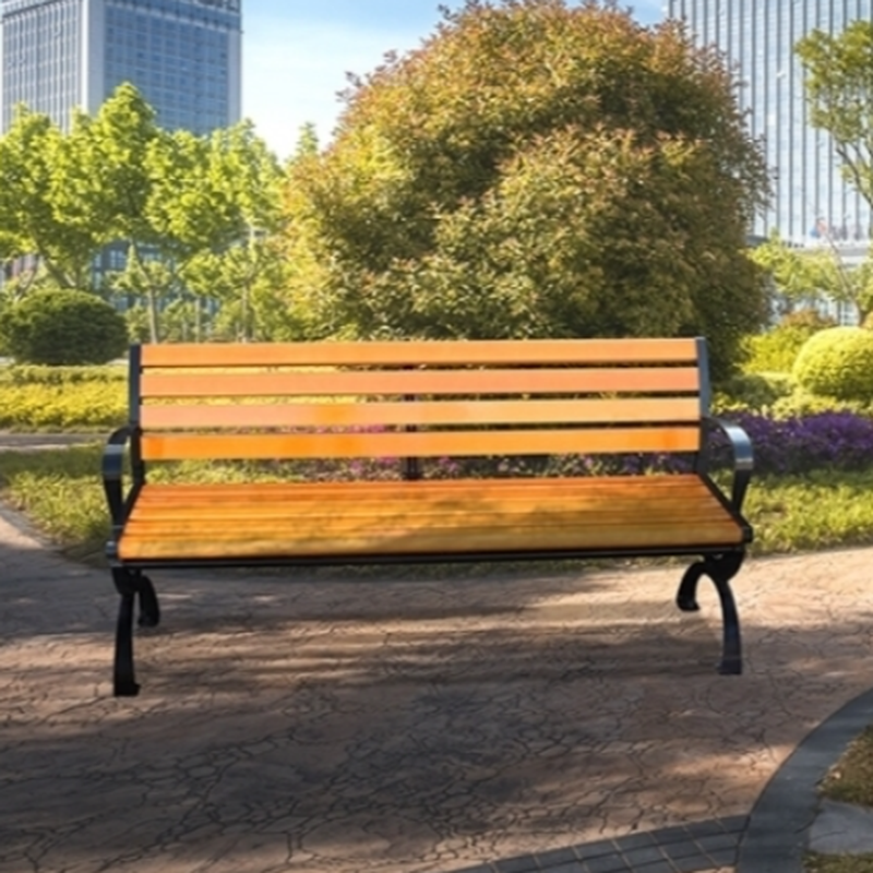 Simple Outdoor Bench with Engineered Wood in Tan, Back and Curved Arm