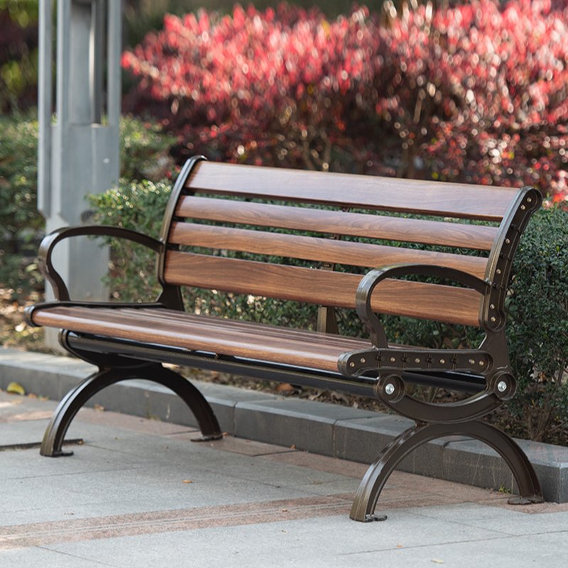 Simple Outdoor Bench with Sepia Alloy Back and Curved Arm