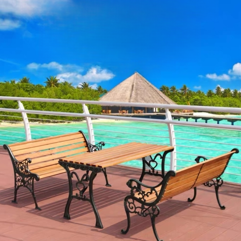 Simple Outdoor Bench with Engineered Wood in Tan, Featuring Back and Curved Arm