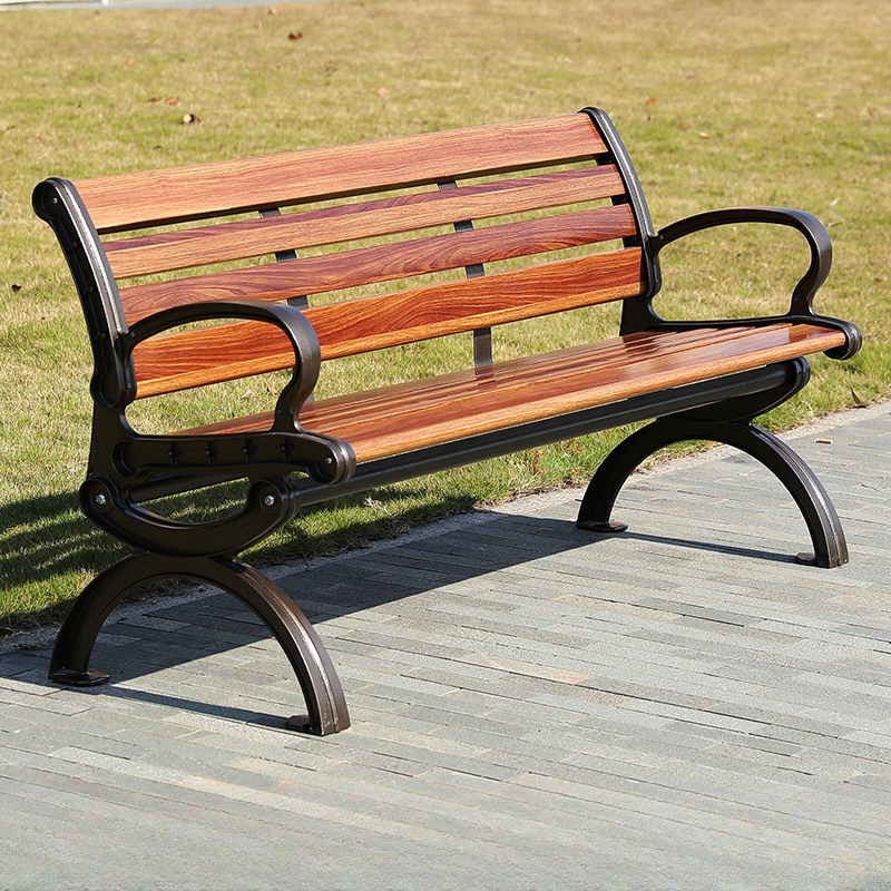 Simple Outdoor Bench with Engineered Wood in Tan, Back, Curved Arm, and Curved Seat