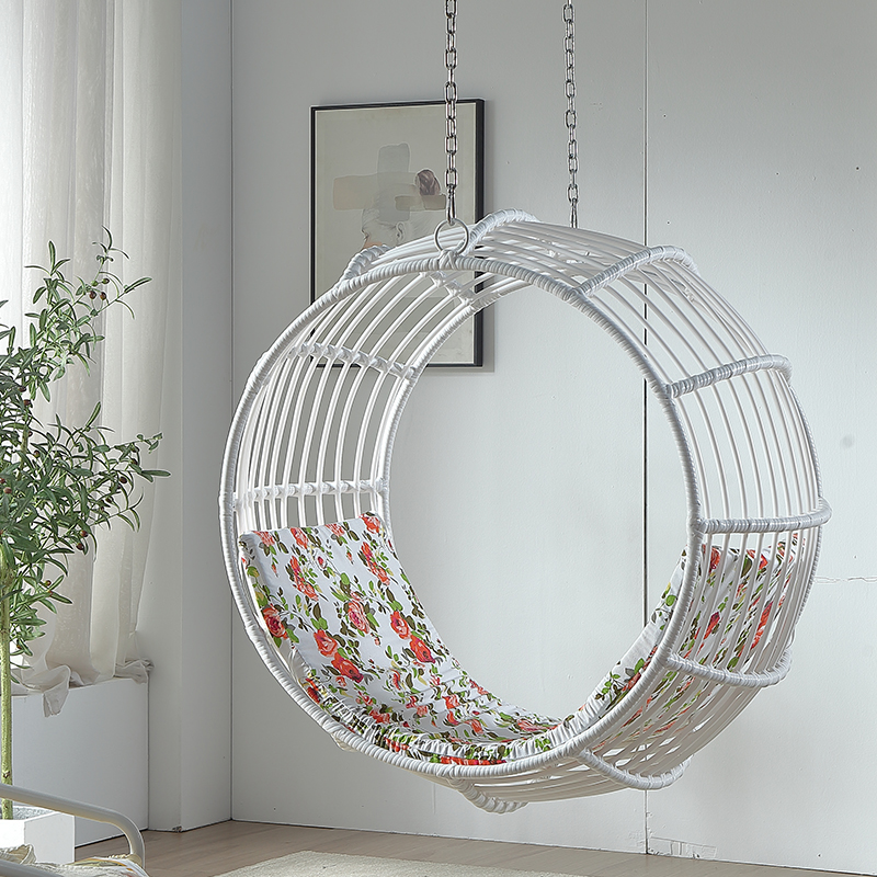 Dove Grey/Wood Grain Cane Hanging Porch Swing, Upholstered Cushions, and Chain