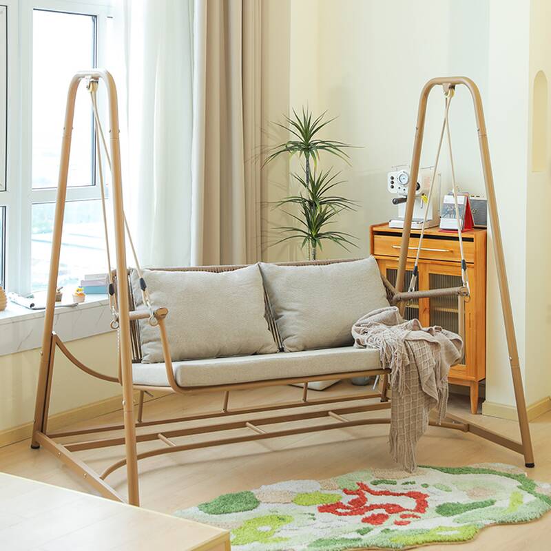 Wood Grain Alloy Porch Swing with Stand, Upholstered Cushions, Chain, and Stand