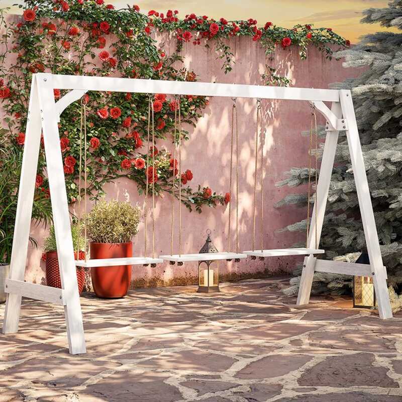 Azure/Sepia/Wood Grain Porch Swing with Stand for 3/Seating for 2, Solid Wood Frame, Includes Chain, Canopy, and Stand