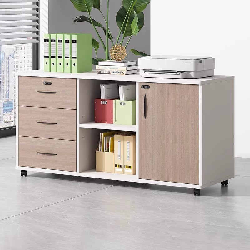 Manufactured Wood Office Console Cabinet with Roller Wheels, Adjustable Shelving, Locking Door, Transportable, 3-Wide/2-Wide Compartments