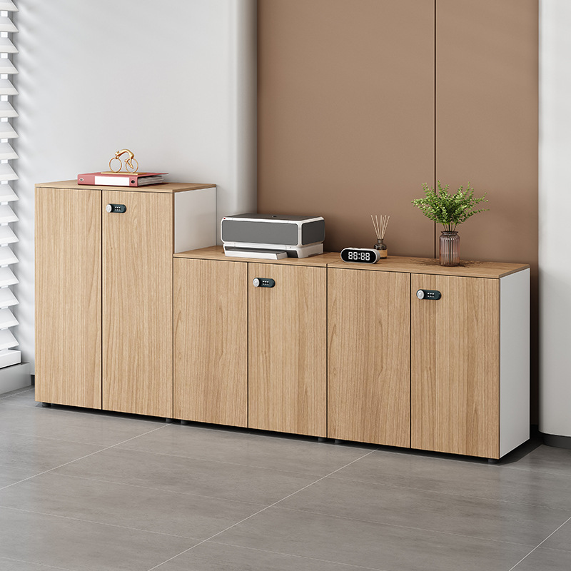 Natural Finish Casual Manufactured Wood Credenza with Shelf Unit and Locker, Featuring Locking Door and 2-Wide/1-Wide Compartments