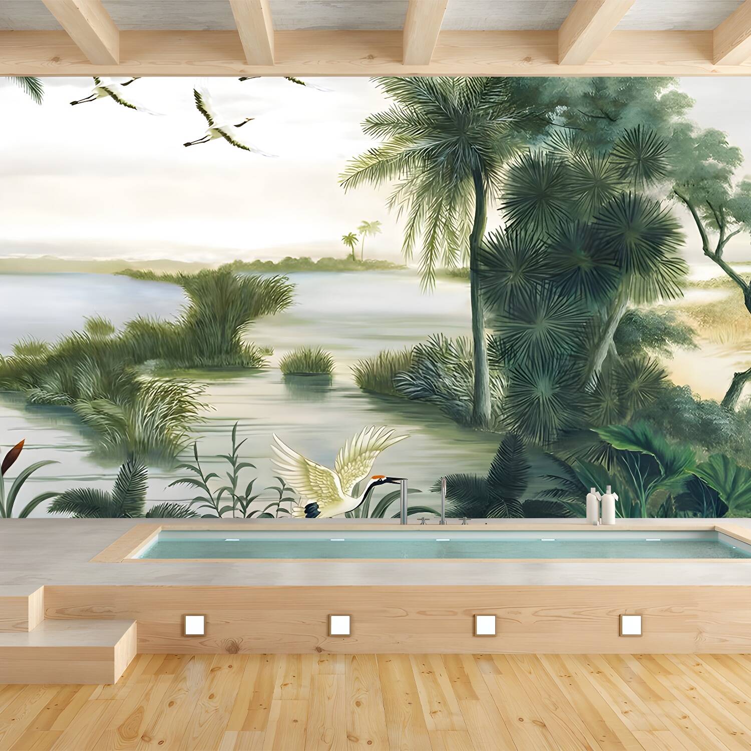 Asian Red-Crown Crane Murals Wallpaper Green Water Landscape Wall Decor for Living Room