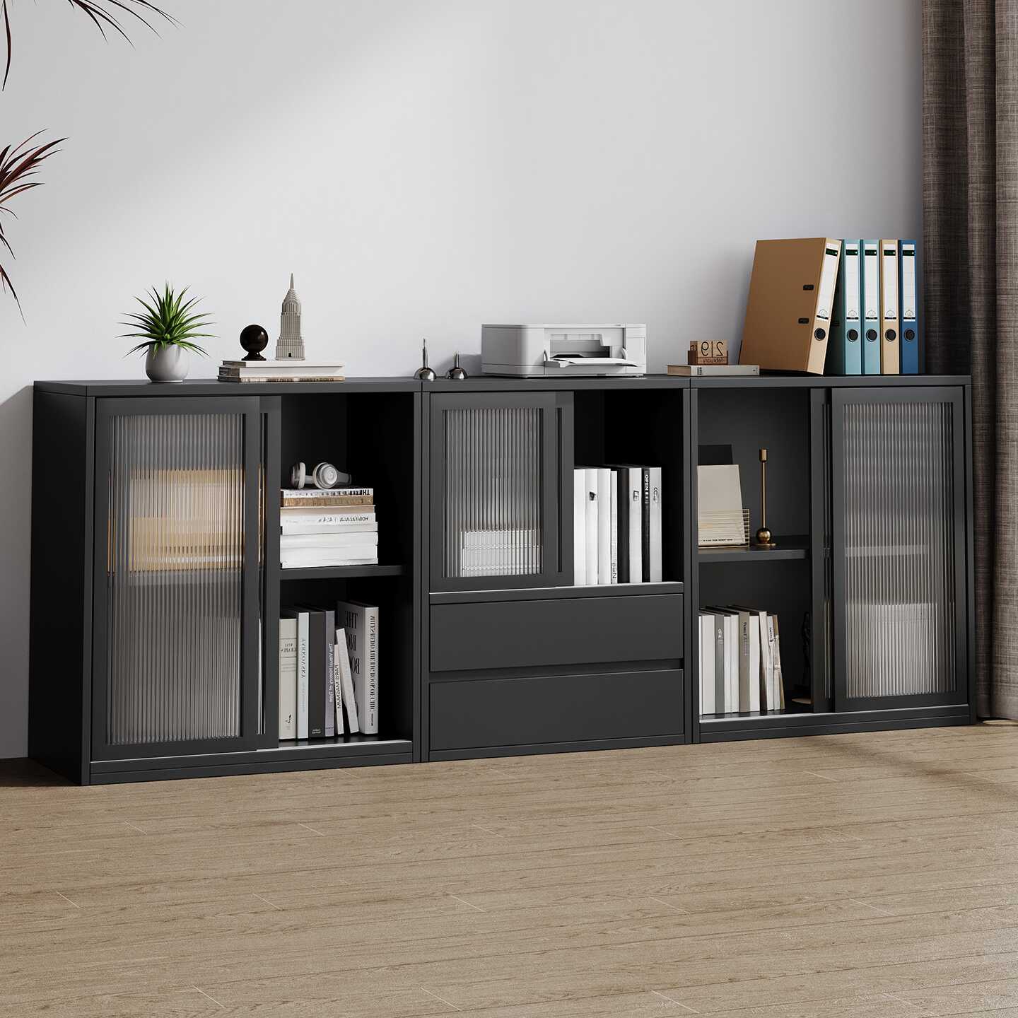 Midnight Black Casual Laminate Office Console Cabinet, Stain Resistant with Shelf Unit and Clear View Doors, 1-Wide