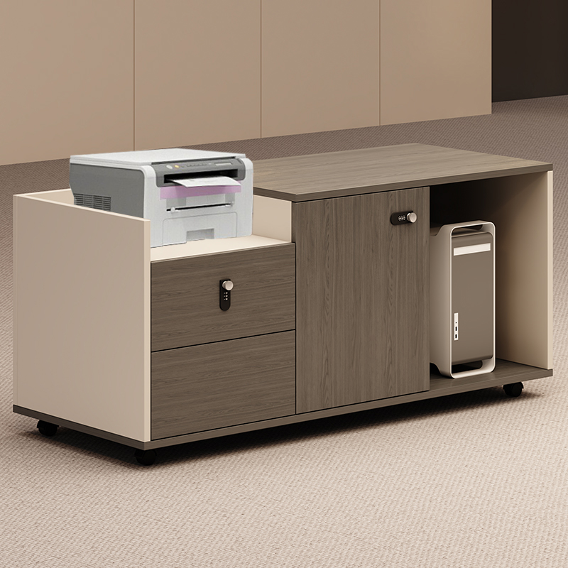 Manufactured Wood Office Console Cabinet with Roller Wheels, Stockroom Storage, Shelf Unit, Drawers, Locking Door, and 2-Wide/3-Wide Compartments