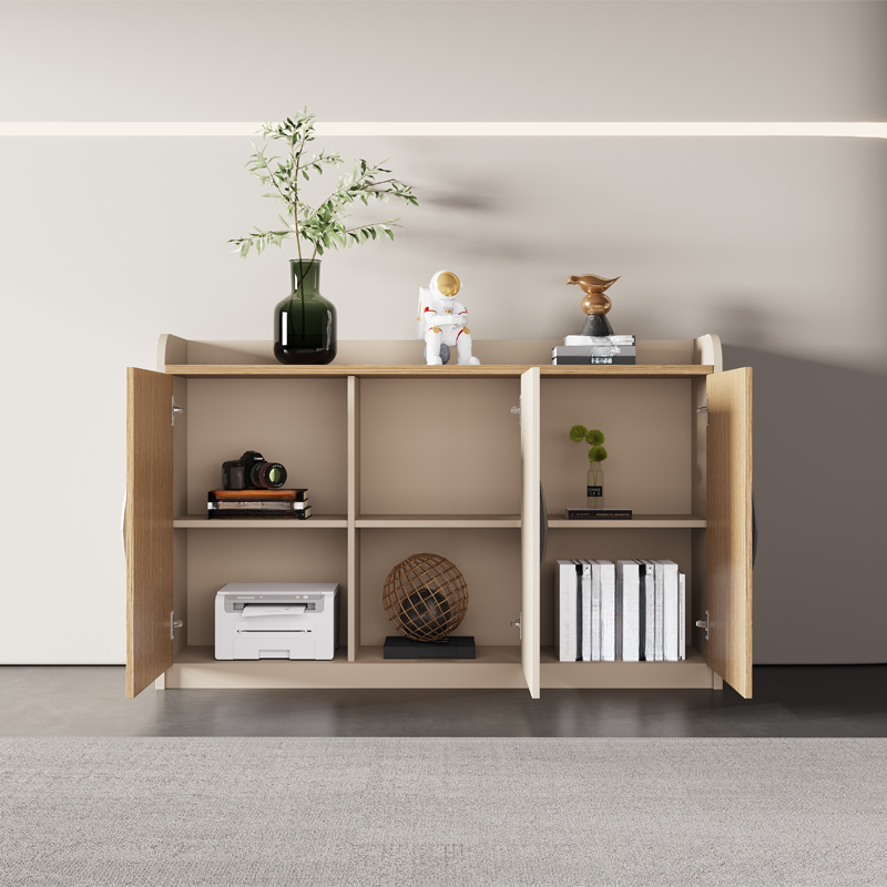 Natural Finish Casual Manufactured Wood Credenza with Shelf Unit, Locking Drawer, and 3-Wide Compartments