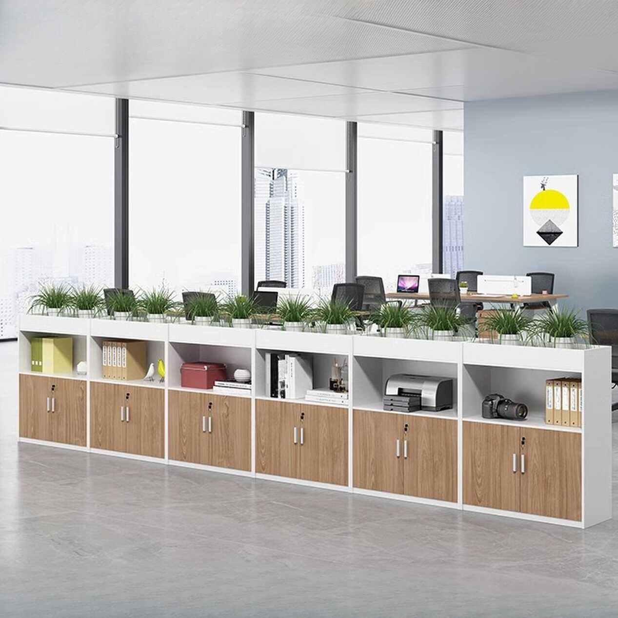 Casual Manufactured Wood Credenza with Shelf Unit and Locker, Featuring Locking Door and 4-Wide/2-Wide/3-Wide Compartments