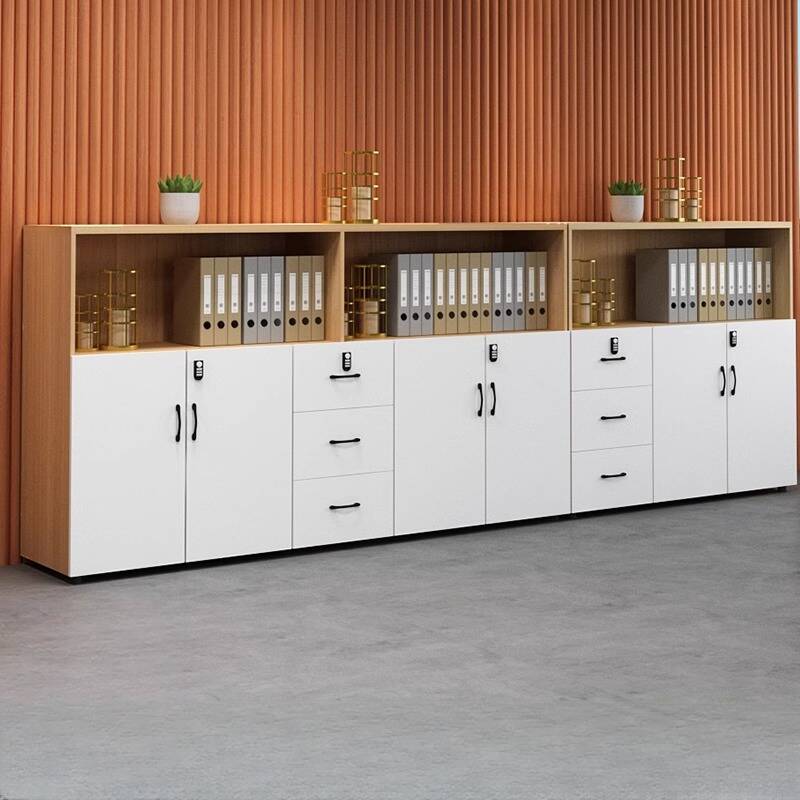 Warp-proof Midnight Black/Natural 2-Wide/3-Wide/5-Wide or more Timber Office Storage Credenza with Shelf Unit and Locking Door, Drawers Included/Not Included