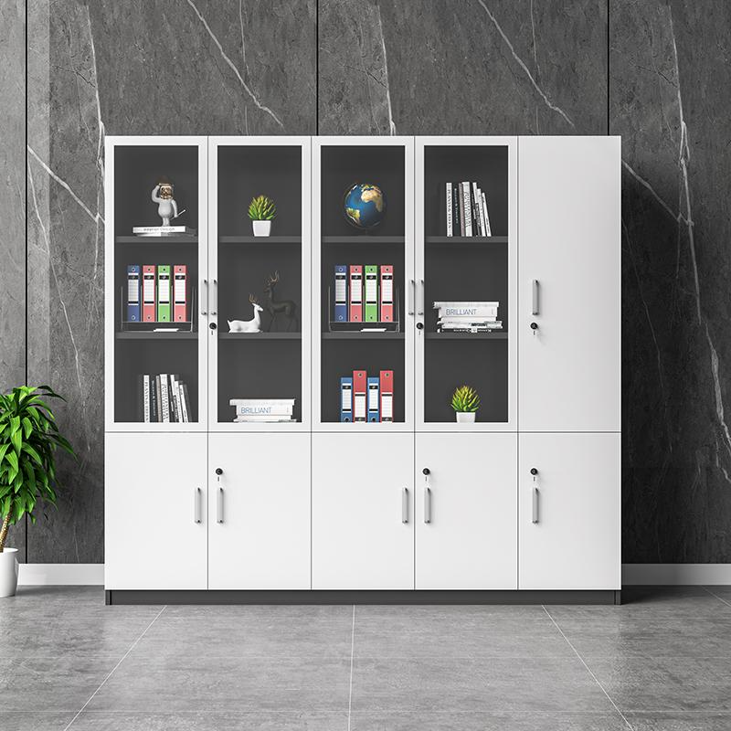 White Contemporary Laminate Storage Cabinet, Scratch Resistant with Shelves and Locking Door, 1-Wide/4-Wide/2-Wide
