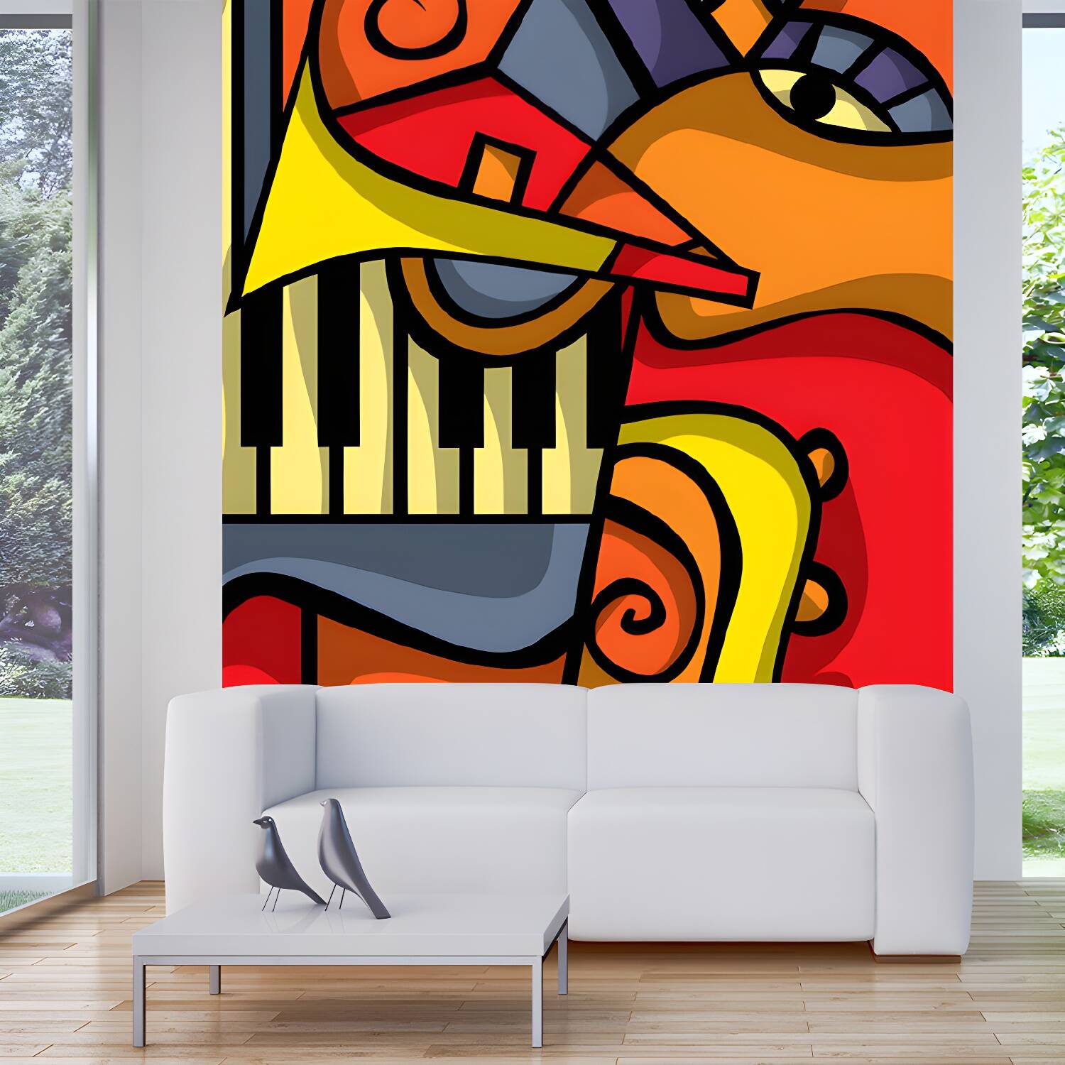 Picasso Music Concert Mural Wallpaper Artistry Smooth Wall Decor in Blue-Orange-Yellow