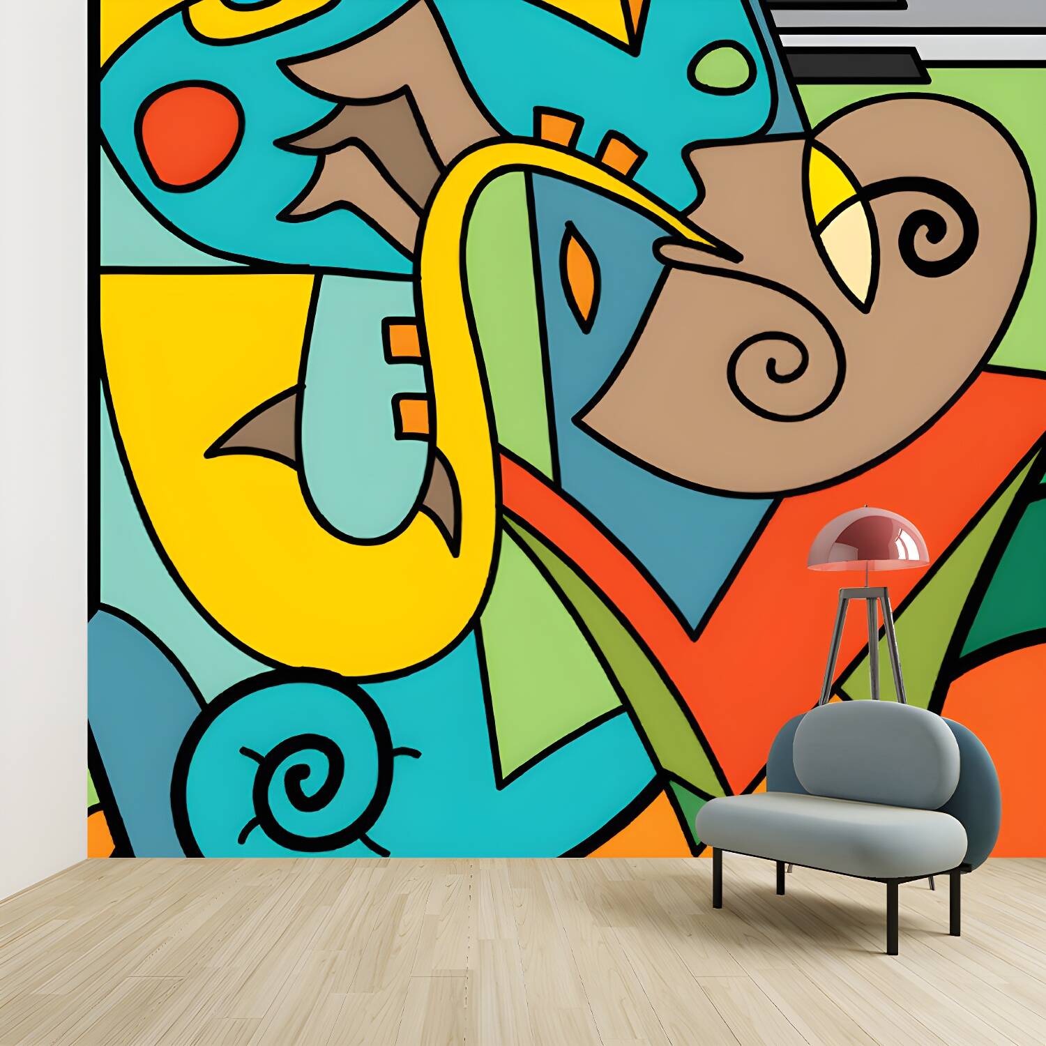 Artistry Picasso Saxophone Man Murals Blue-Yellow-Green Waterproof Wall Decor for Home