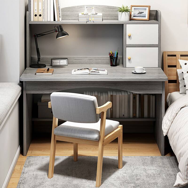 Modern Rectangular Laminate Writing Table in Dove Grey with Closet, Exterior Shelving, and Hutch