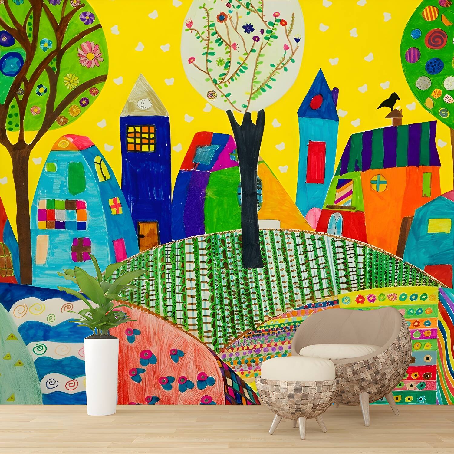 Colourful Childrens Art Wall Murals Full Size Suburbs Drawing Wall Decor for Nursery
