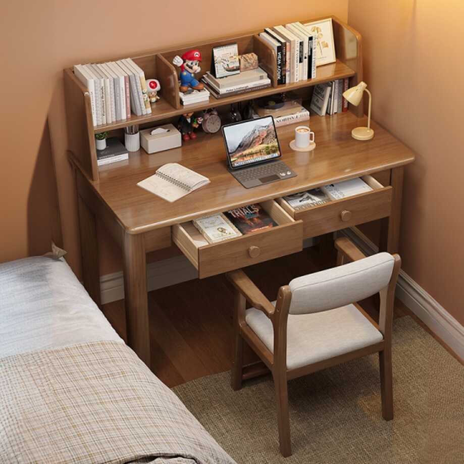 Modish Peony/Azure/Dove Grey Lumber Rectangle Home Office Desk with Drawer and Exterior Shelving