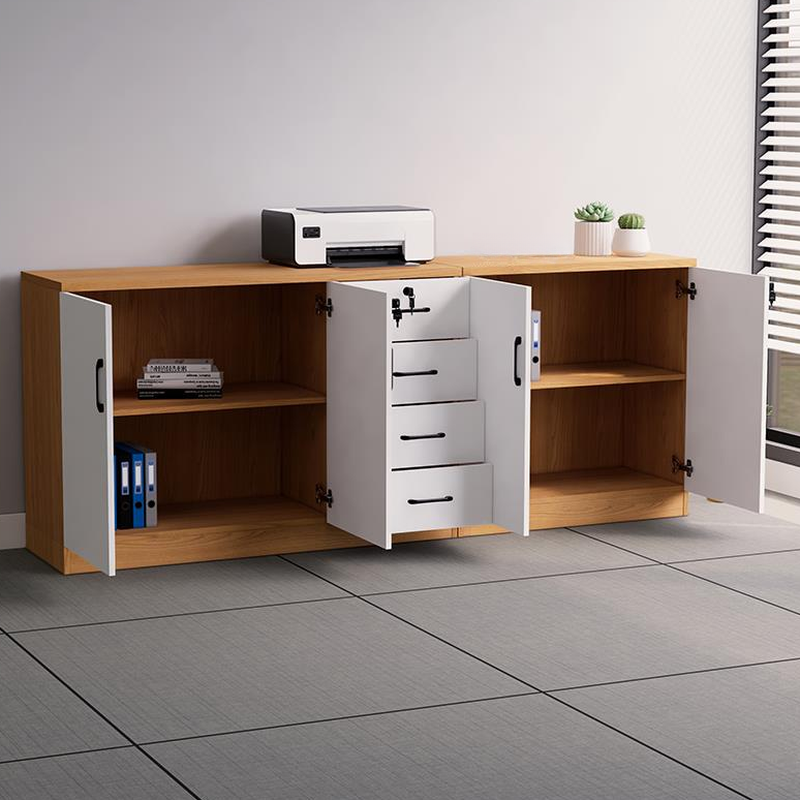 Manufactured Wood Base Cabinet for Stockroom with Shelves, Drawers, and Locker, Featuring Locking Door and 5-Wide Compartments