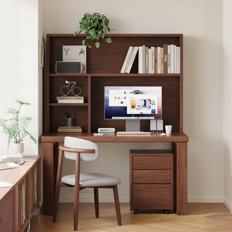 Minimalist Rectangular Rubberwood Office Desk in Grey/White/Natural Colour with Exterior Storage Units and Hutch