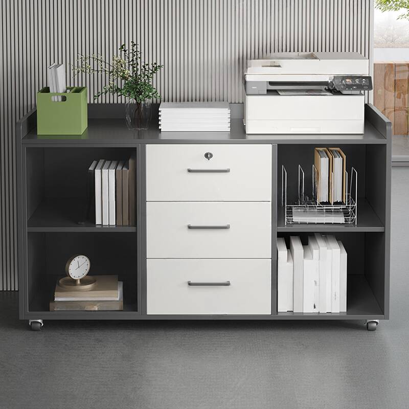 Laminate Supplies Cabinet with Roller Wheels, Shelves, Drawers, Locker, Clear View Doors, and 3-Wide/2-Wide Compartments