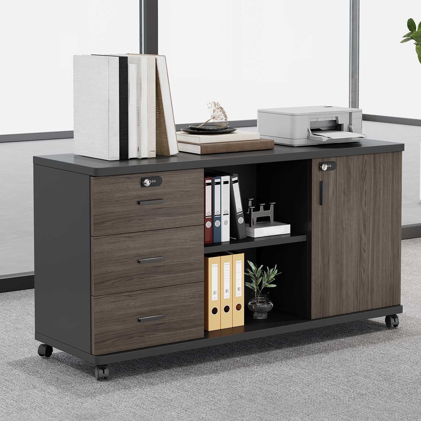 Scratch Resistant Manufactured Wood Supplies Cabinet with Roller Wheels, Shelves, Drawers, and Locking Door in 3-Wide/2-Wide Compartments