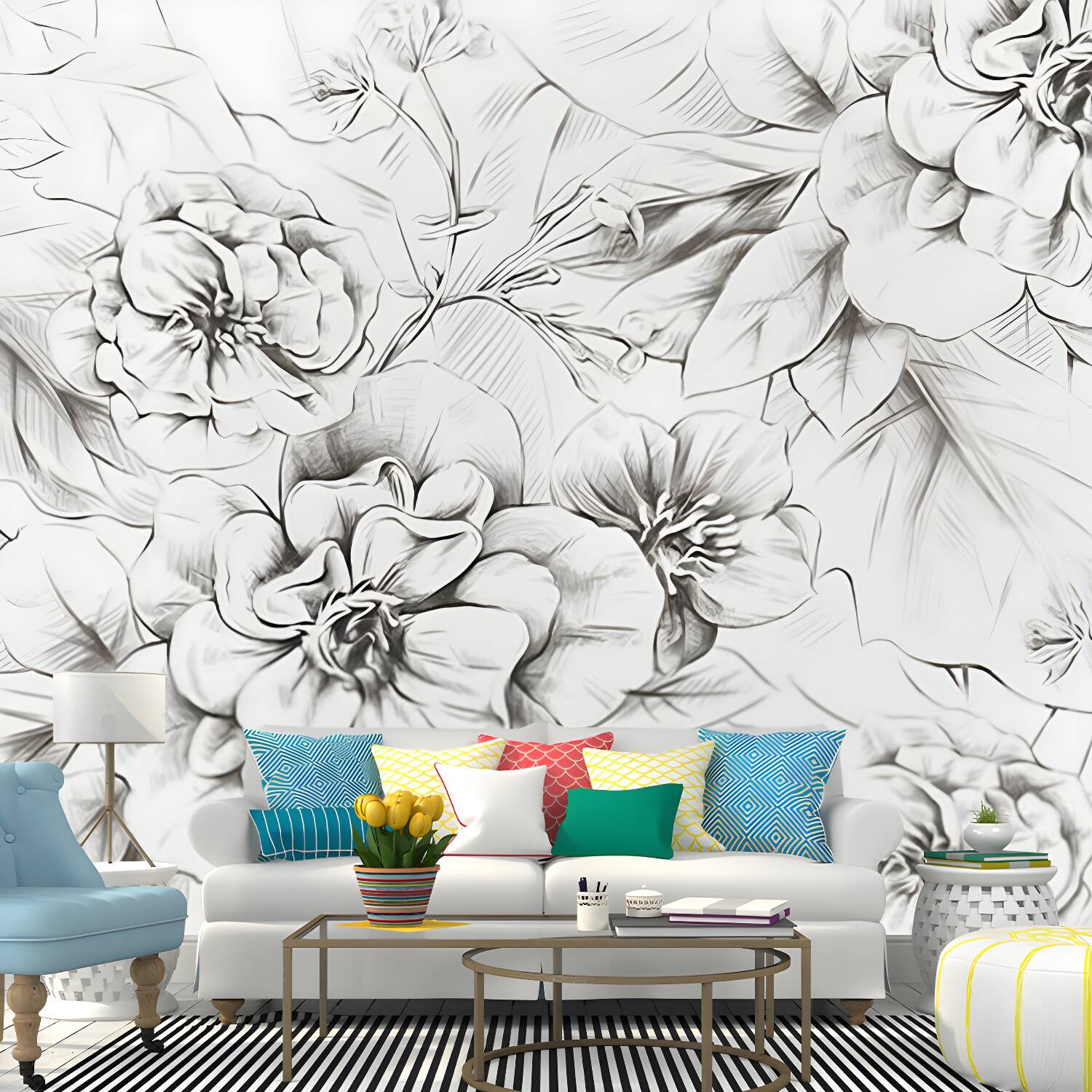 Peony Sketch Wall Paper Murals Modernist Waterproof Bedroom Wall Art, Made to Measure