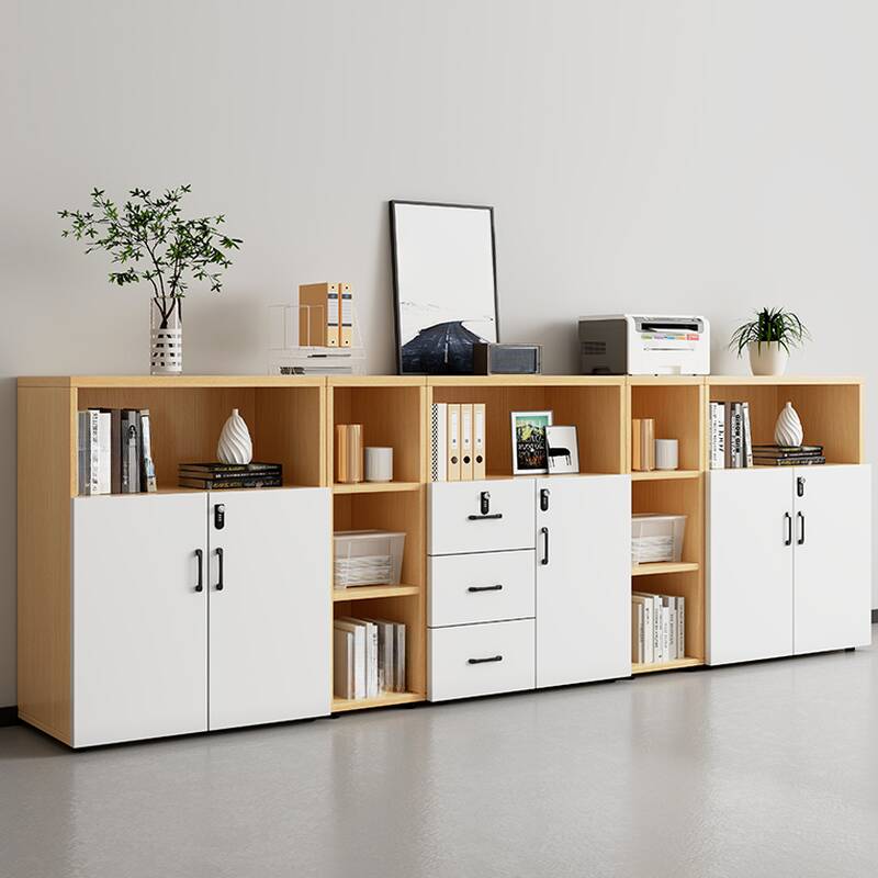 Natural Finish Manufactured Wood Supplies Cabinet with Shelves, Drawers, Locker, Locking Door, and 5-Wide/4-Wide/3-Wide Compartments