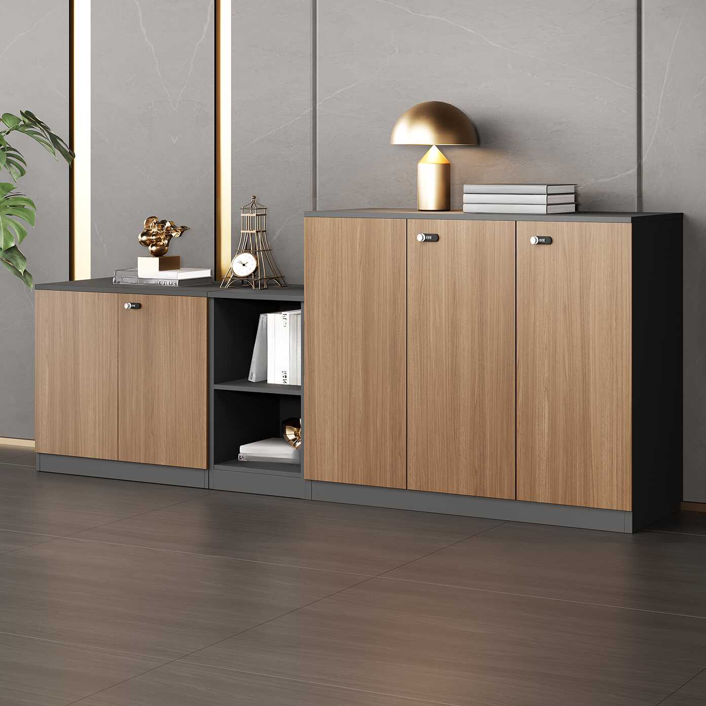 Caramel Trendy Manufactured Wood Supplies Cabinet with Shelves, Locker, Locking Door, and 2-Wide/1-Wide Compartments