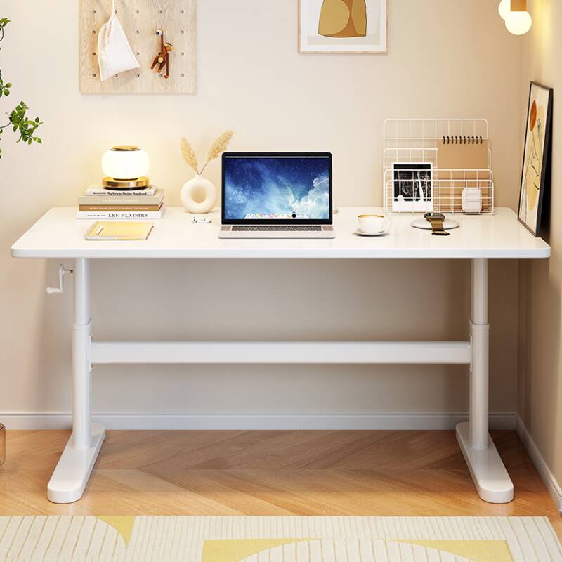 Modern Rectangular Height-Adjustable Chalk/Unfinished Colour Laminate Writing Table with Hand-Operated Adjustment
