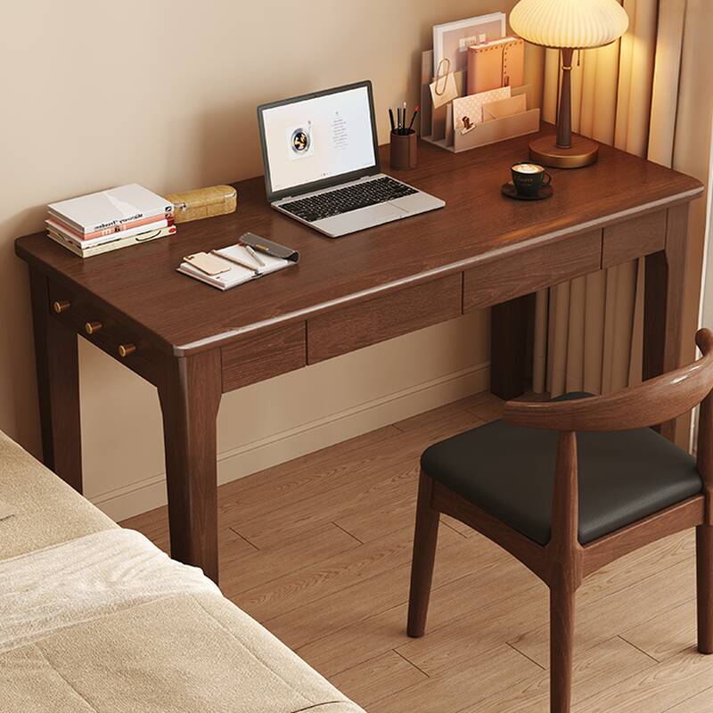 Modern Rectangular Rubberwood Writing Table in Auburn/Unfinished Colour with Drawers