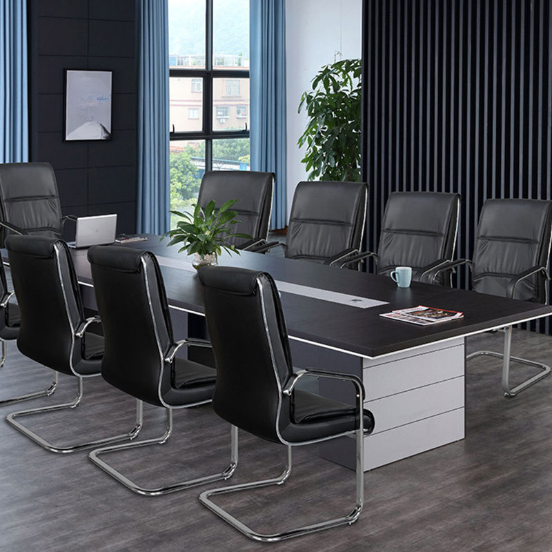 Modern Simple Style Midnight Black Office Desk Chairs with Armrest, Steel Frame, Waterfall Seat, and Ergonomic Design