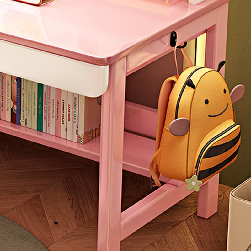 Modern Rectangular Rubberwood Writing Table in Chalk/Magenta/Light Brown with Drawers, Exterior Shelf, and Hutch