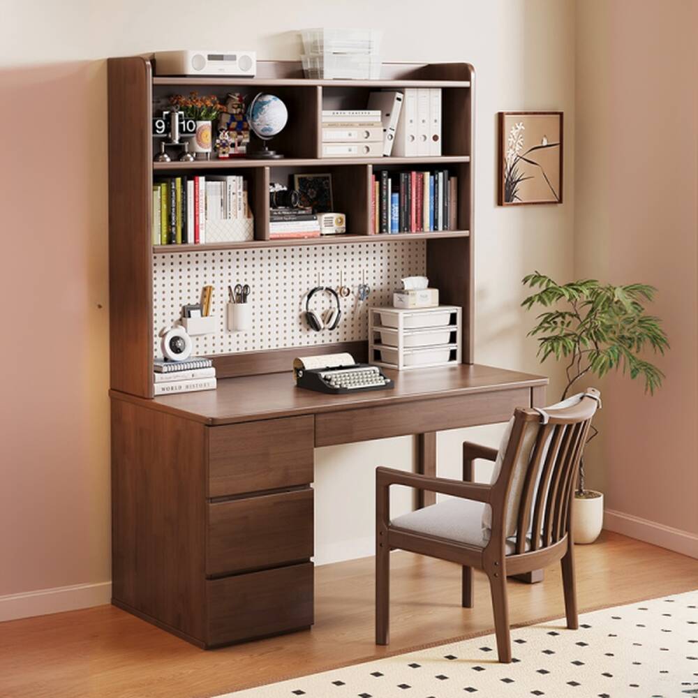 Modern Rectangular Natural Wood Desk in Chalk/Auburn/Unfinished Colour with Drawers, Exterior Shelf, and Hutch