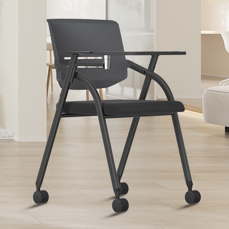Simple Ergonomic Chair With Desk Attached/Office Chairs in Midnight Black Upholstered with Armrest and Portable Wheels