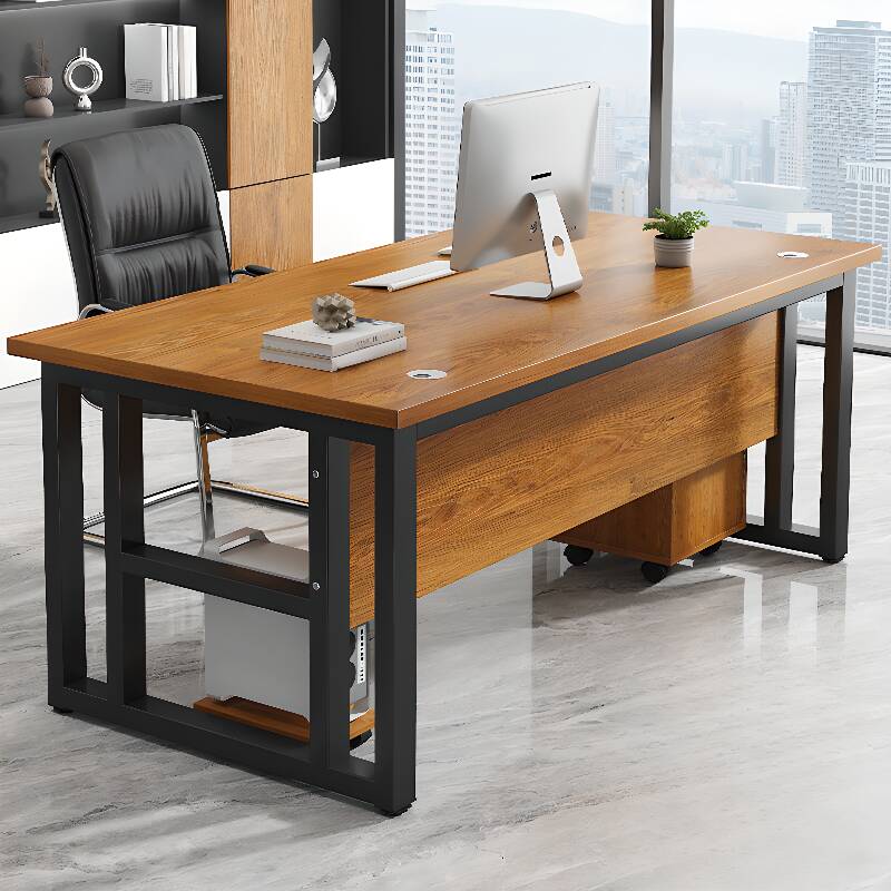 Modern Rectangular Light Brown Writing Table with Built-In Cable Organization and CPU Stand