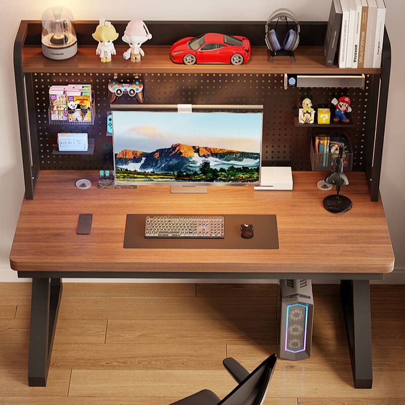 Modern Rectangular Laminate Office Computer Desk with Exterior Shelf, Hutch, and Cable Management
