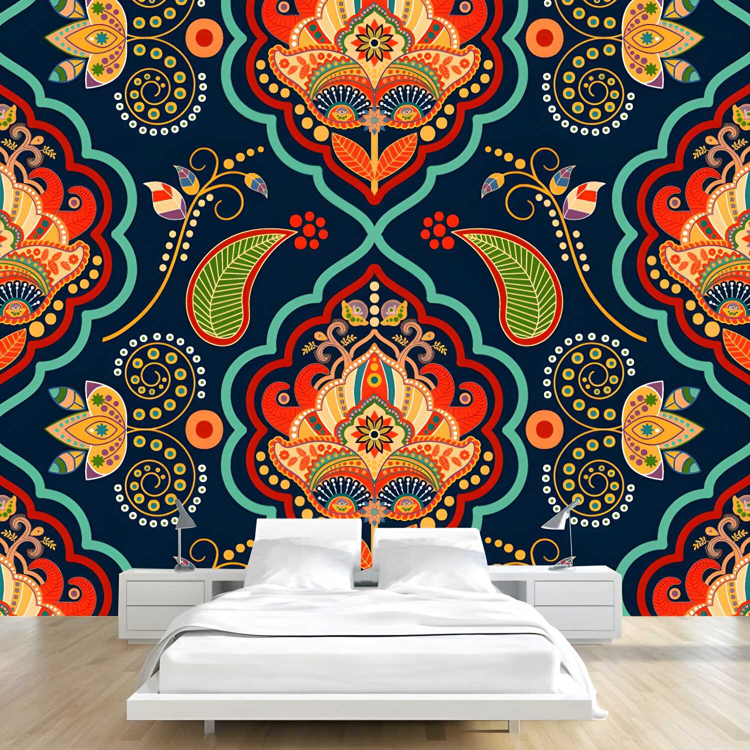 Whole Bohemian Style Mural Wallpaper Red-Orange Botanical Wall Covering, Custom Made